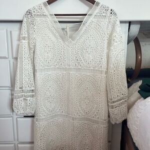 Source Unknown White Crochet Long Sleeve Dress